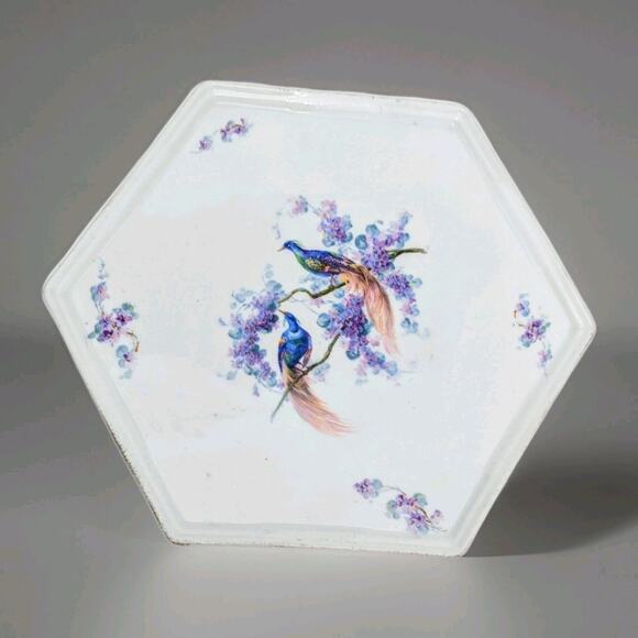 Czechoslovakia Hexagon Porcelain Perfume Vanity Tray Peacocks Birds Of Paradise - Picture 1 of 4